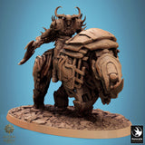 Side profile of mechanical rhino mount with rocky base.