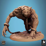 Front view of a wild, muscular troll miniature in a low stalking pose on a textured base.