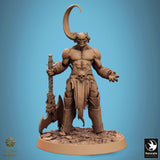 Bare-chested horned warrior holding an axe and gesturing with one hand.