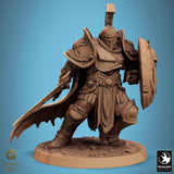 Three-quarter view of the fighter miniature brandishing a sword and shield