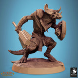 Grimscale lizardman fighter miniature equipped with a weapon and defensive shield