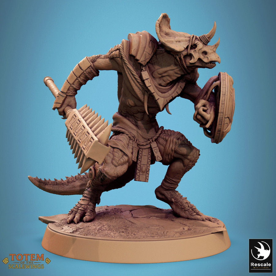 Grimscale lizardman fighter miniature equipped with a weapon and defensive shield