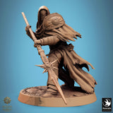 Hooded warrior miniature holding a long spear with a star-shaped head, standing in a defensive stance.