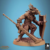 Lizardman miniature holding a sword with a twisted handle and a shield, angled view.