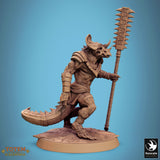 Lizardman warrior holding a tall, carved spear-like weapon, side profile