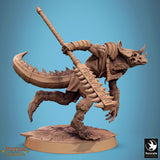 Dynamic action pose of a lizardman fighter swinging a large weapon, side view