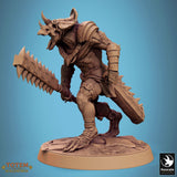 Resin lizardman fighter holding a jagged stone-like weapon in a combat stance