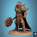 Front view of a heavily armored warrior holding a circular spiked shield at their side.