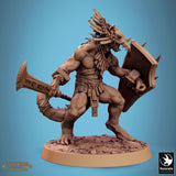 Lizardman warrior holding a large sword and shield, side view, standing on a rocky base.