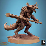 Side profile of lizardman warrior holding a long spiked macuahuitl weapon.