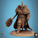 Warrior in full plate armor holding a circular spiked weapon, viewed from a low angle.