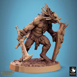 Front view of a lizardman fighter miniature equipped with a large jagged blade and spiked shield