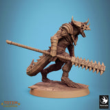 Close-up view of lizardman warrior gripping a tall spiked staff weapon.