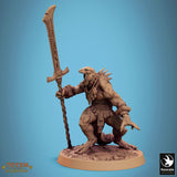 Lizardman figure holding a long, ornate blade upright, standing in a dynamic pose.