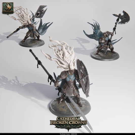 Three Broken Crowns tabletop fighter spearmen miniatures by Quality Miniatures, 32mm rescale wargaming figures.