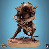 Rat-folk warrior in a low combat stance, holding a heavy gun with both hands on a cobblestone base.