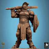 Leonin fighter miniature with a sword rested over the shoulder and a shield in the left hand