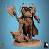 Armored warrior with large horns and axe, standing on a rocky base.