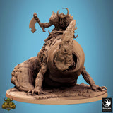 Low angle front view of the rider and mount, emphasizing the monster's gaping mouth.