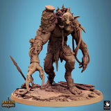 Resin 32mm scale Blight Troll miniature with mechanical arm and claw, standing on a detailed stone rubble base.