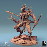 Tree monster miniature, front-left angle, dynamic pose with wooden blades.