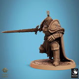 Side profile of a knight in crested helmet pointing a long, serrated blade forward.