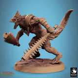 Full view of lizardman warrior holding a spiked club and a round wooden shield.