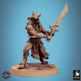 Skorath miniature in a mid-air leaping pose with a sword, side view.
