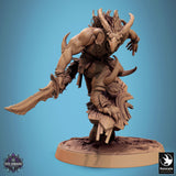 Skorath miniature leaping with a sword held overhead, back view.