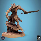 Skorath fighter in a dynamic leap with a sword held low, side view.