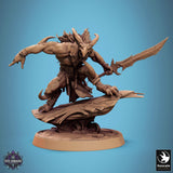 Skorath fighter leaping forward with a sword in one hand, side view.