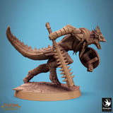 Side angle of lizardman miniature resting on a spiked club.