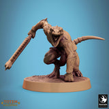 Lizardman warrior holding a serrated club and a round stone shield with intricate carvings.