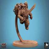 Front view of a hovering steampunk dwarf wielding a large sword.
