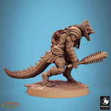 Action shot of lizardman fighter charging with spiked club and round shield.