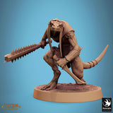Lizardman miniature with a round engraved shield and a serrated club, standing in a defensive pose.