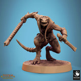 Side profile of a standing lizardman miniature holding a curved blade in its right hand.