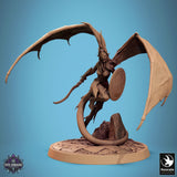 Side profile of winged female Cambion fighter in combat pose