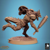 Profile shot of armored lizardman warrior holding a spiked club and shield.