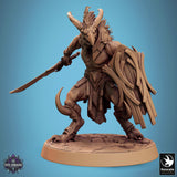 Skorath fighter holding a curved sword in each hand, front view.