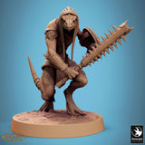 Lizardman miniature in a low crouch, holding a curved blade ready for a strike.