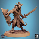 Skorath miniature holding a sword in one hand behind its back, side view.