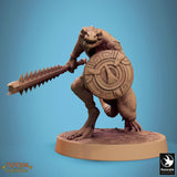 Lizardman rogue wearing a headpiece, looking forward while holding a large blade in one hand.