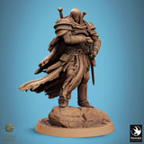 Miniature of a hooded armored warrior standing on a rock, resting hand on a sheathed sword at his waist.