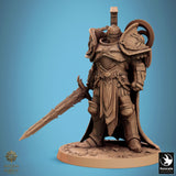 Knight in heavy armor standing with a long serrated sword held at their side.