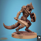 Lizardman warrior in crouched pose, gripping a long spiked weapon.