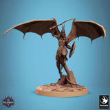 Side profile of a winged cambion fighter with a sword and shield on a textured stone base.
