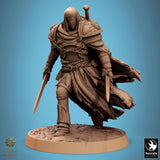 Hooded warrior miniature dual-wielding daggers, wearing detailed plate armor and a flowing cloak.