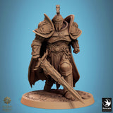 Warrior with crested helmet resting a large serrated sword tip on the ground.