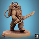 Hovering steampunk dwarf with sword, seen from a high angle.